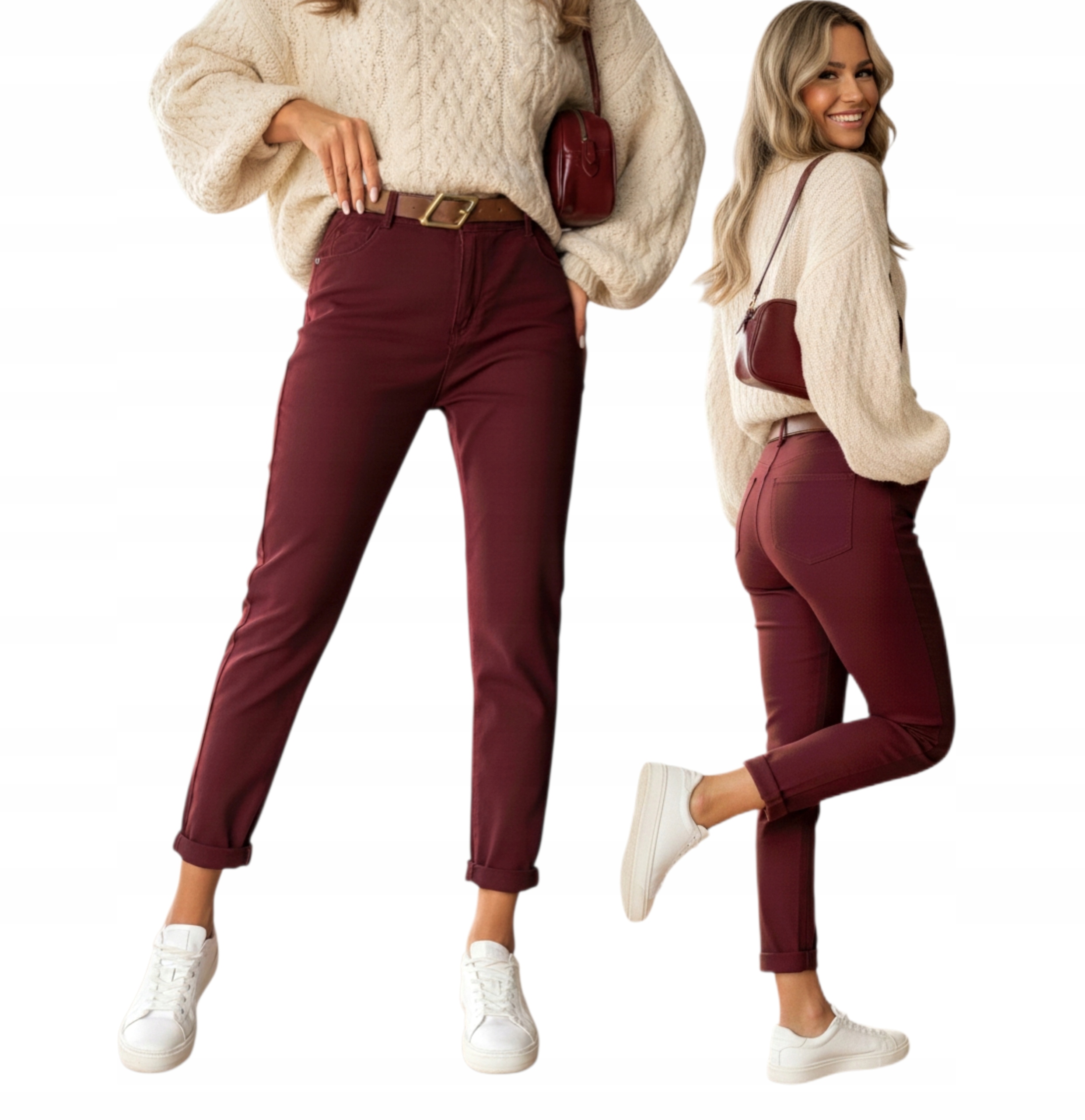 Kalhoty Mom Fit Boyfriend Jeans Push Up Bordové S Páskem vel XL 42