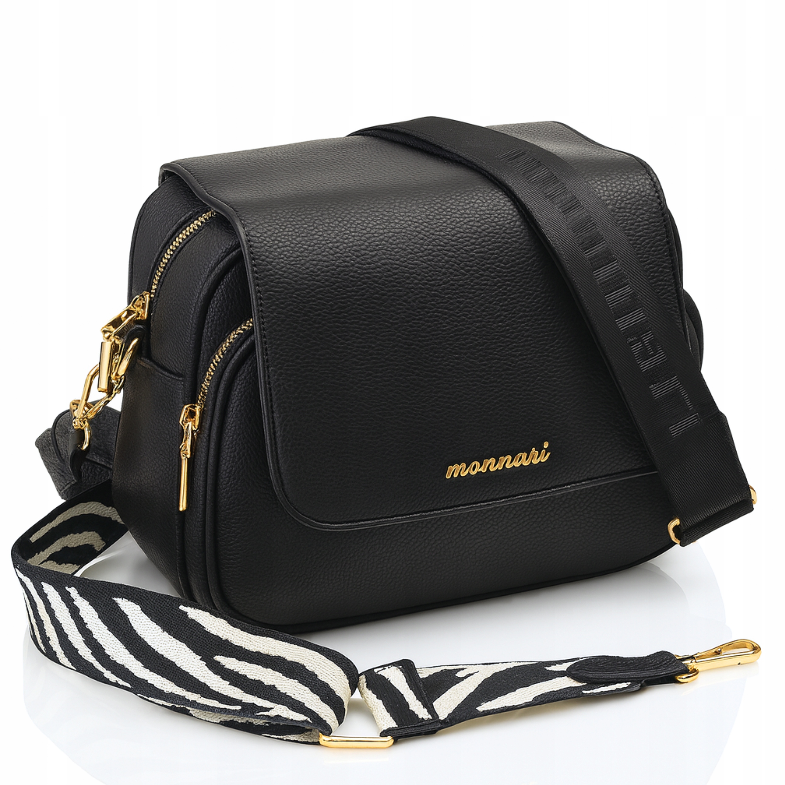 Monnari Torebka Damska Listonoszka Z Klapką Czarna Skóra Eko Dwa Paski