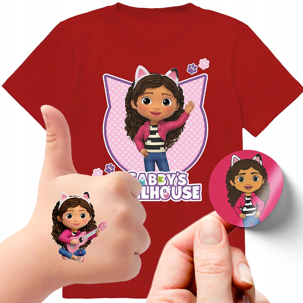 ZESTAW 3W1 KOSZULKA DLA DZIECI TATUAŻE NAKLEJKI KOCI DOMEK GABI 128 JAKOŚĆ