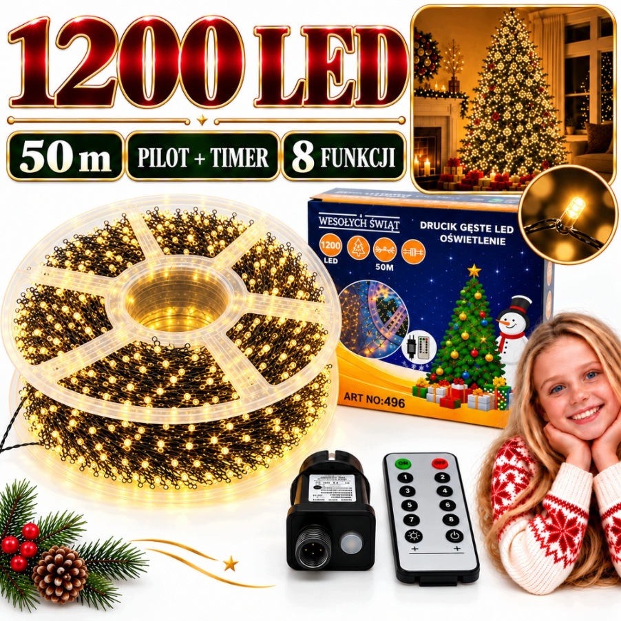 Vánoční Osvětlení Na Stromeček 1200 Led 50 M Teplé Bílé Žluté Drátek Pilot Časovač