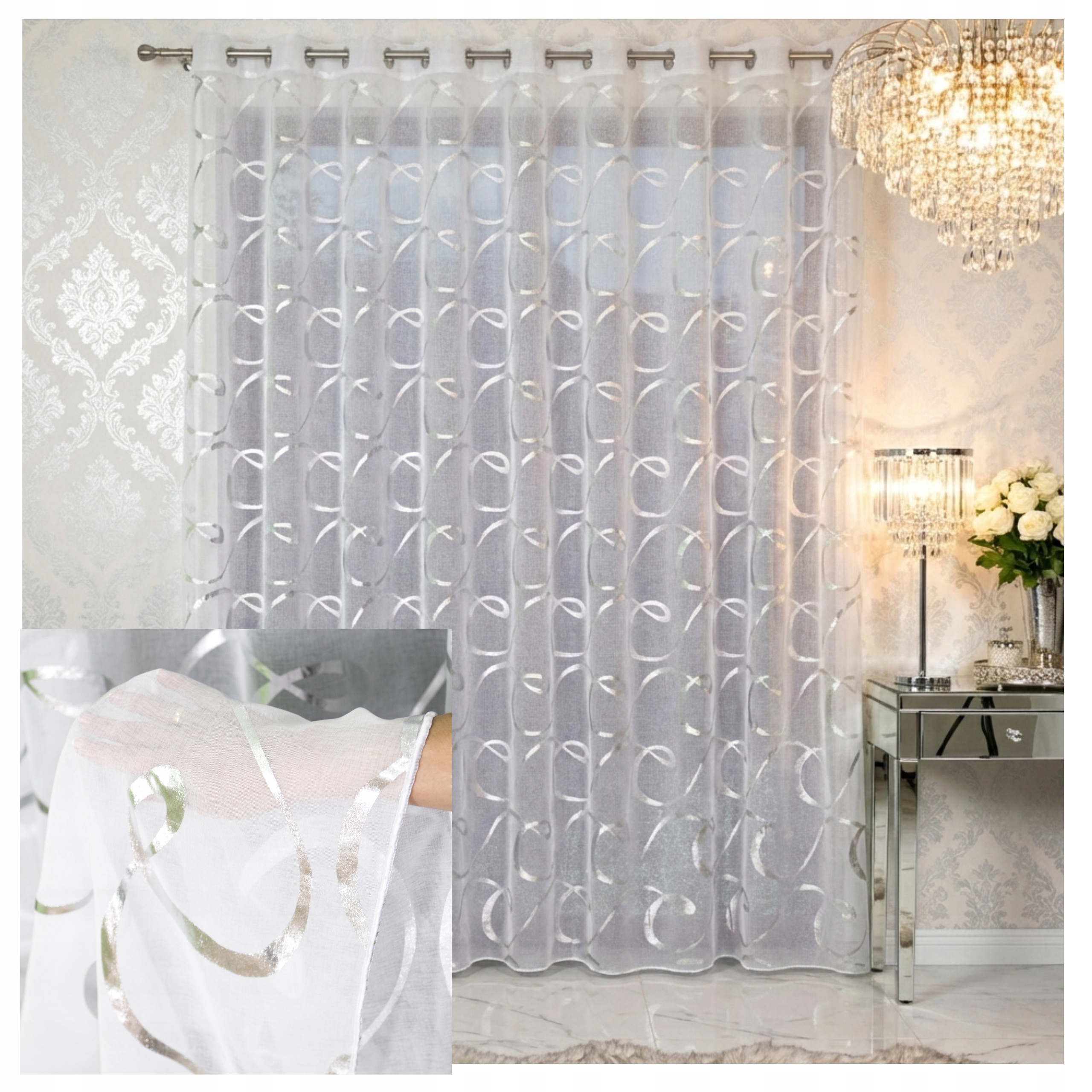 Záclona Glamour Malwina Etamin Stříbrný Potisk 400x245 Olověnka Oka