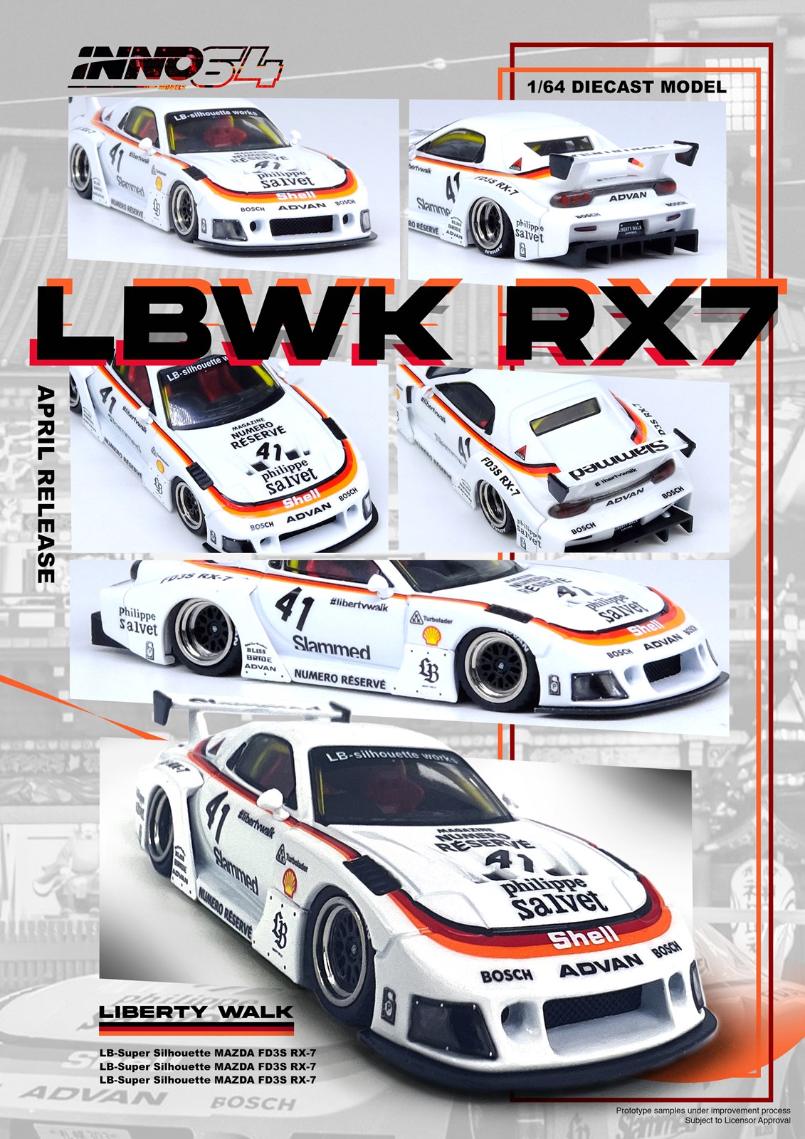 INNO64 Mazda RX-7 (FD3S) LB-Super Silhouette #41 White IN64-LBWK-RX7-02