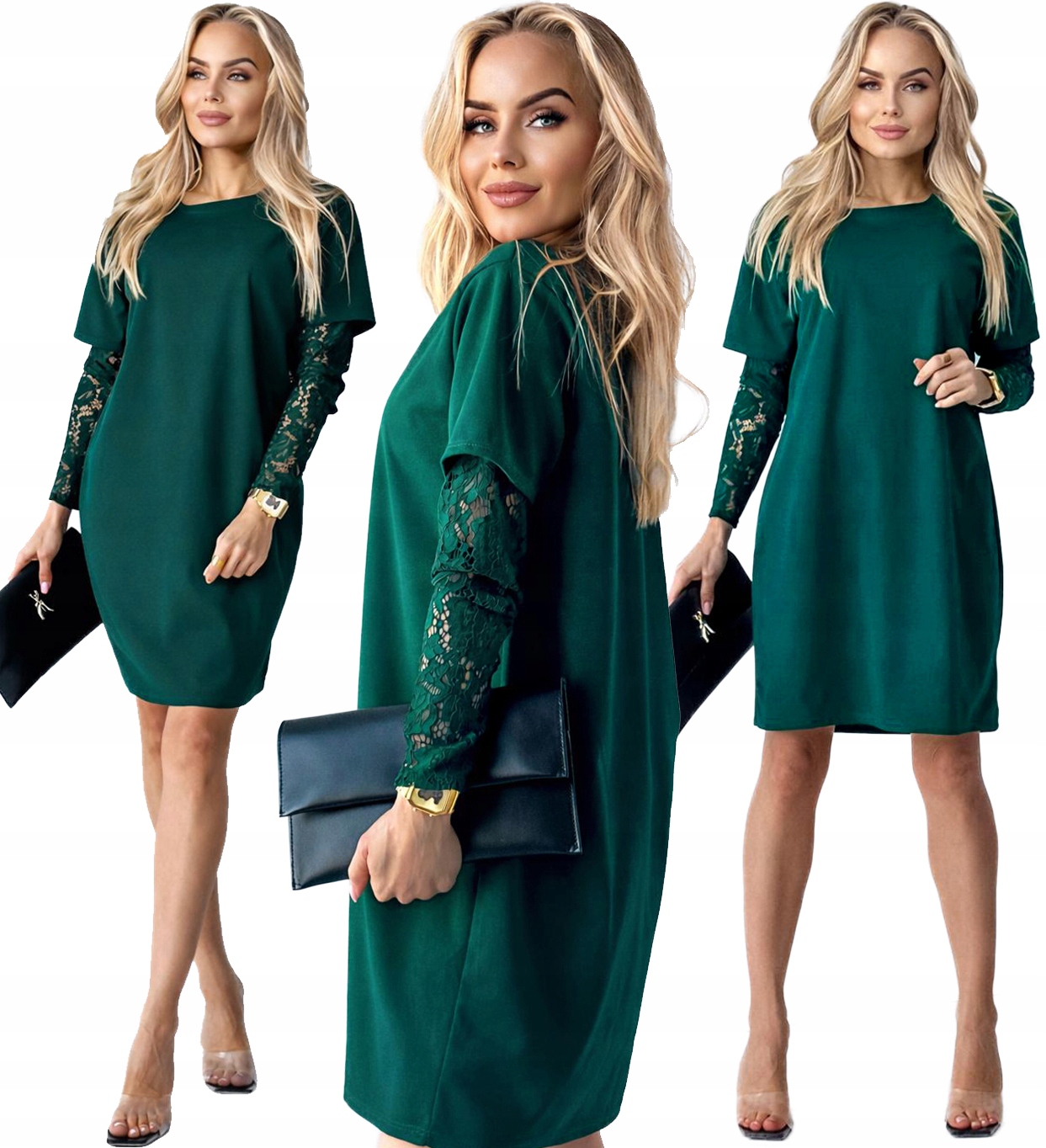 Butelkowa wizytowa Sukienka Damska koronkowy rękaw Sabrina