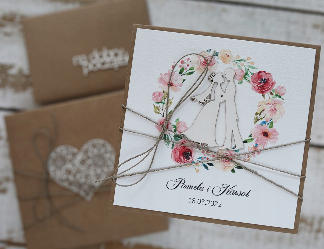 Rustikální svatební přáníčko, ručně vyráběné, mladý pár