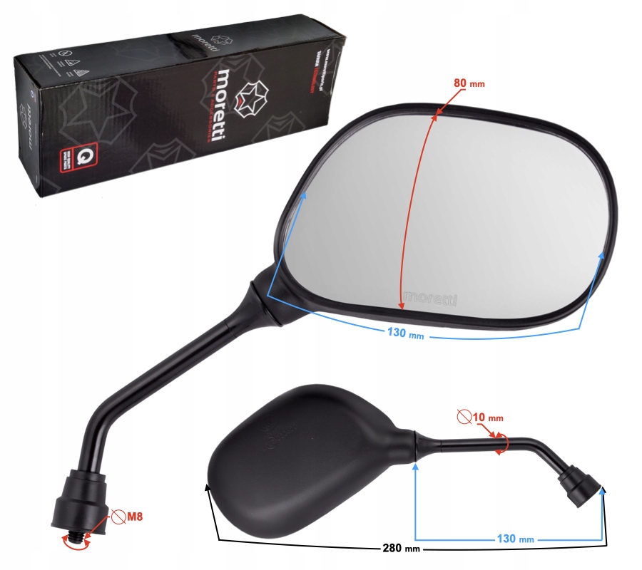 LUSTERKA SKUTER MOTOROWER CZARNE M8 130x80mm R+R Producent Moretti