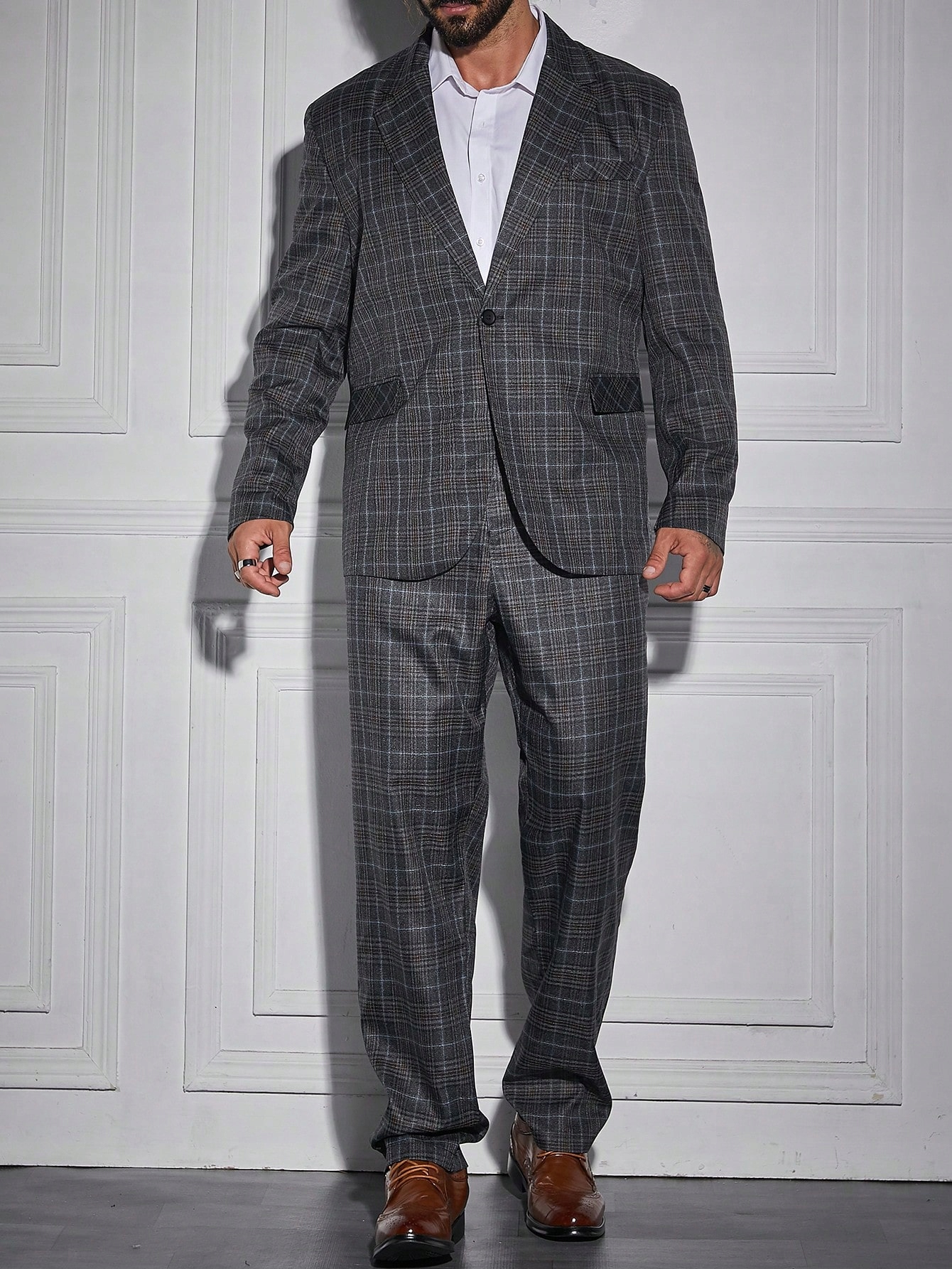 Pánský Elegantní Šedý Kostkovaný Oblek Lesklý Večerní Shein 5XL