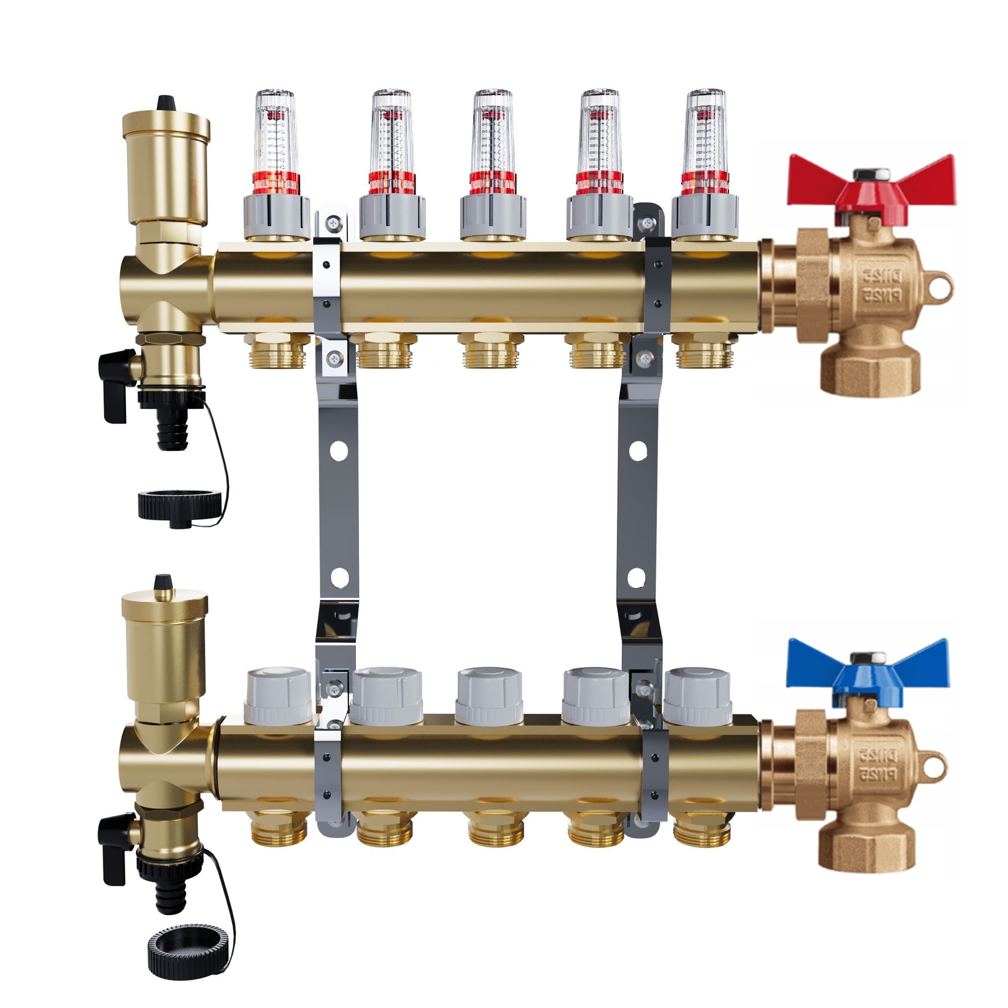 Rozdělovač pro podlahové vytápění – 5 okruhů Úhlové kulové ventily