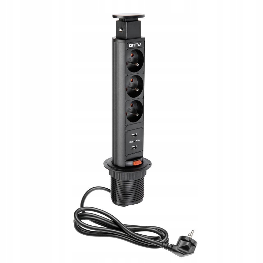 Zásuvky zapuštěné do pracovní desky 60MM 3x230V 2xUSB černé