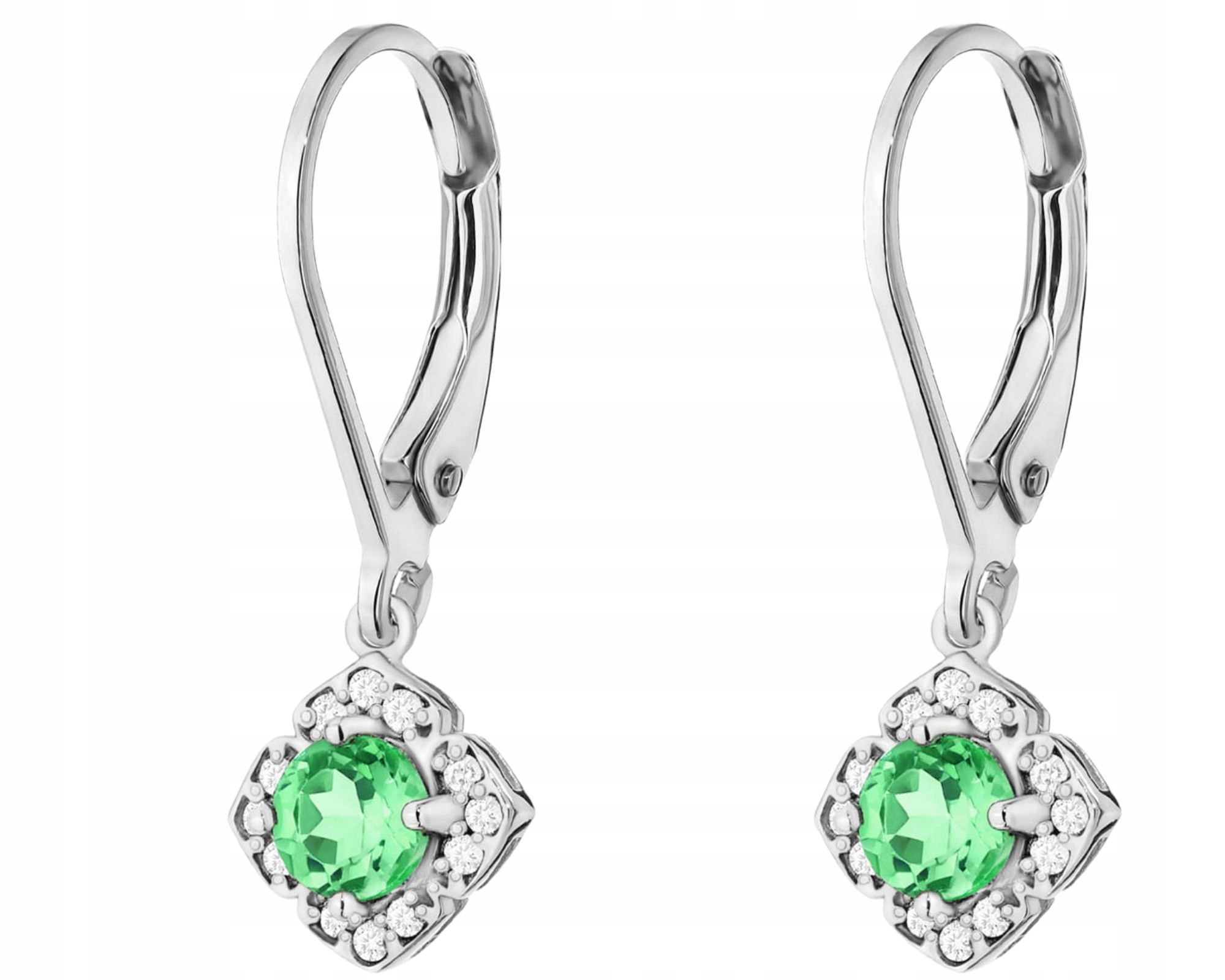 Bílé Zlato Náušnice Přírodní Kámen Zelený Smaragd A Diamanty 585