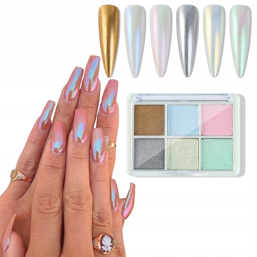 6 X PERŁOWY PYŁEK DO PAZNOKCI EFEKT SYRENKI PALETA