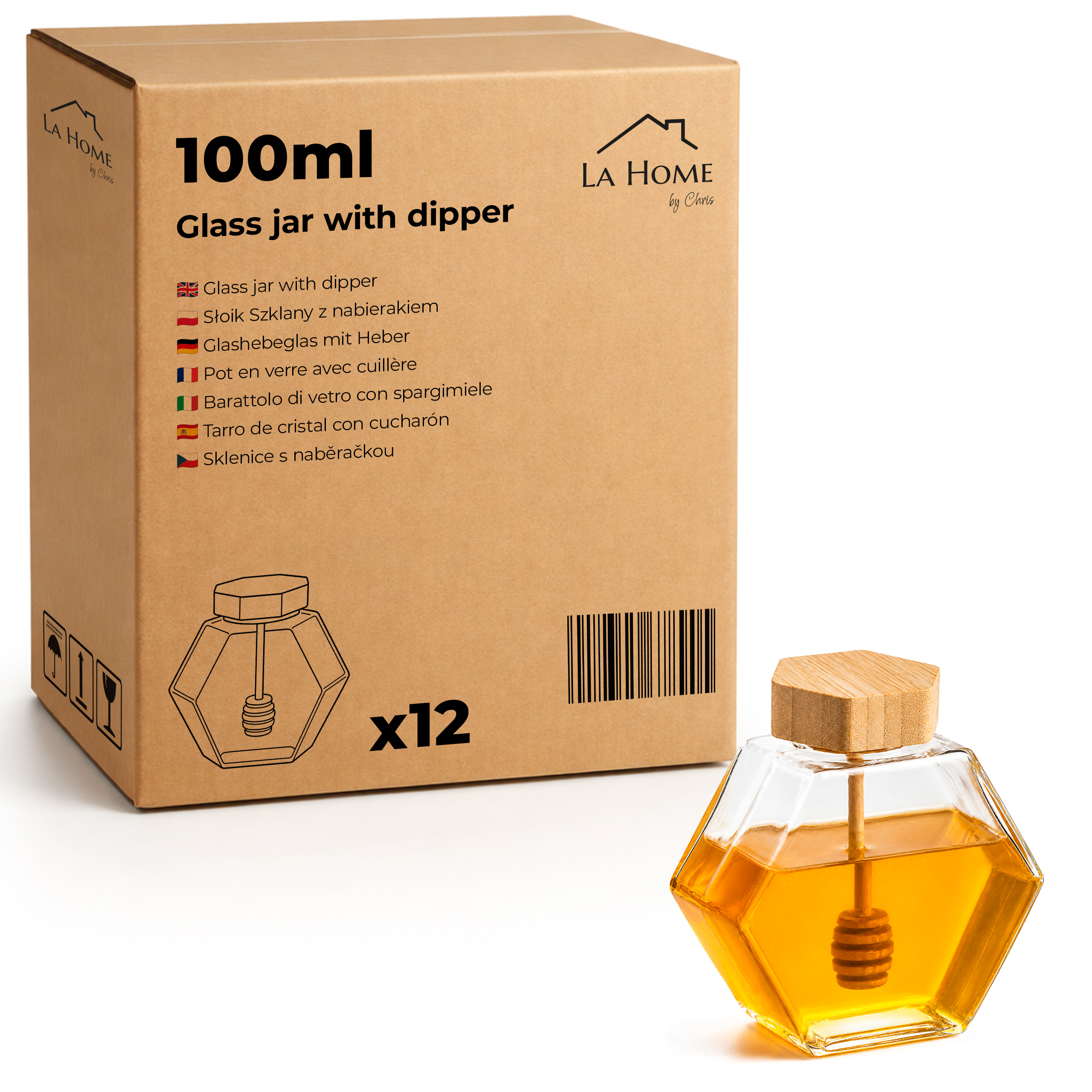 12 x Skleněná Zavařovací Sklenice na med 100 ml s naběračkou a lžící, ozdobný hexagon