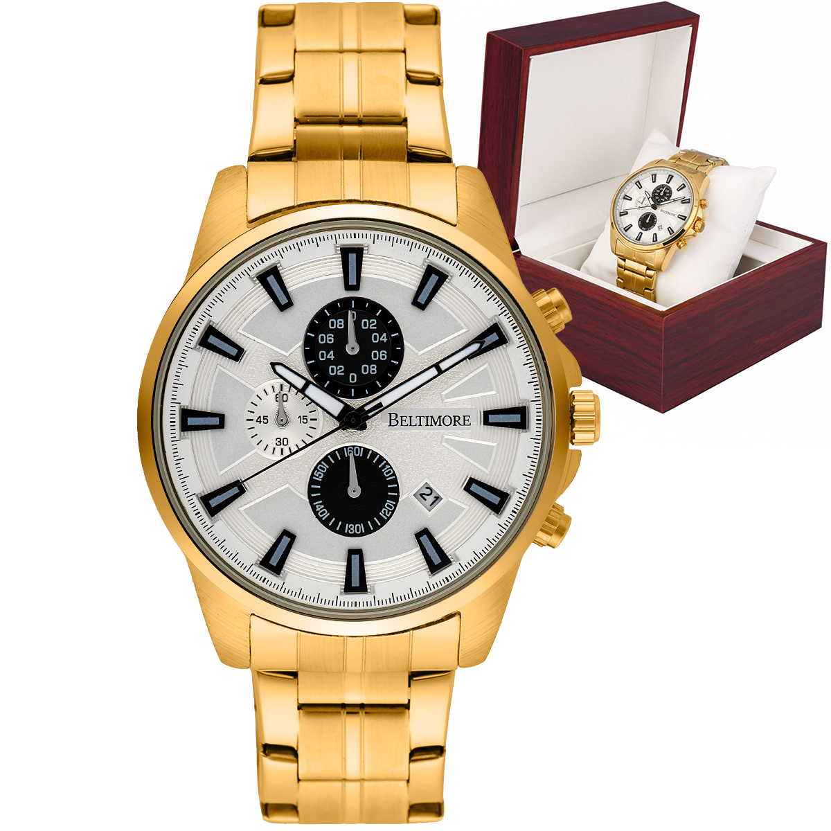 Pánské hodinky náramek datumovka chronograf křemenný zlatý Beltimore