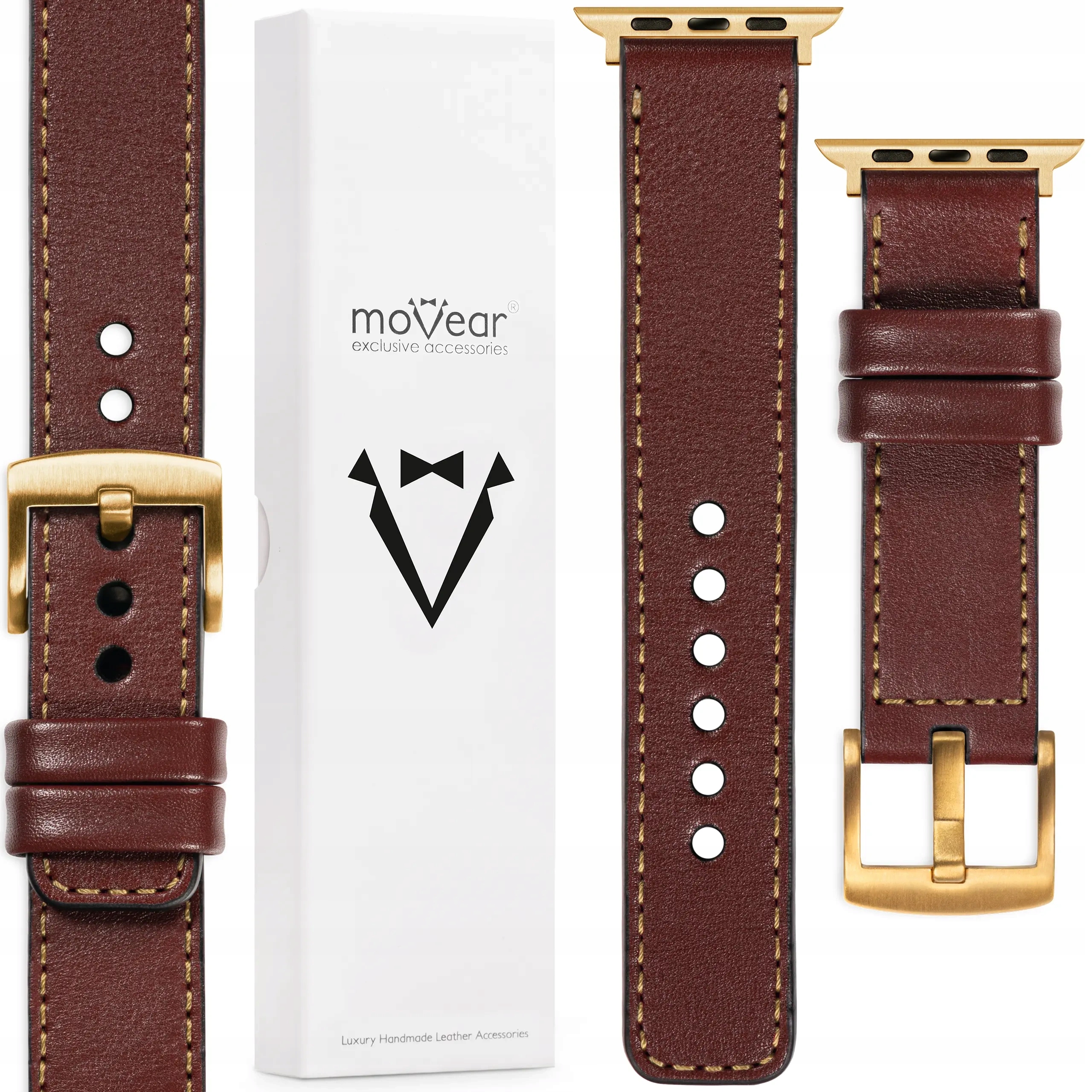 Kožený řemínek pro Apple Watch 49/46-44 mm, ručně vyrobený, kaštanový Movear