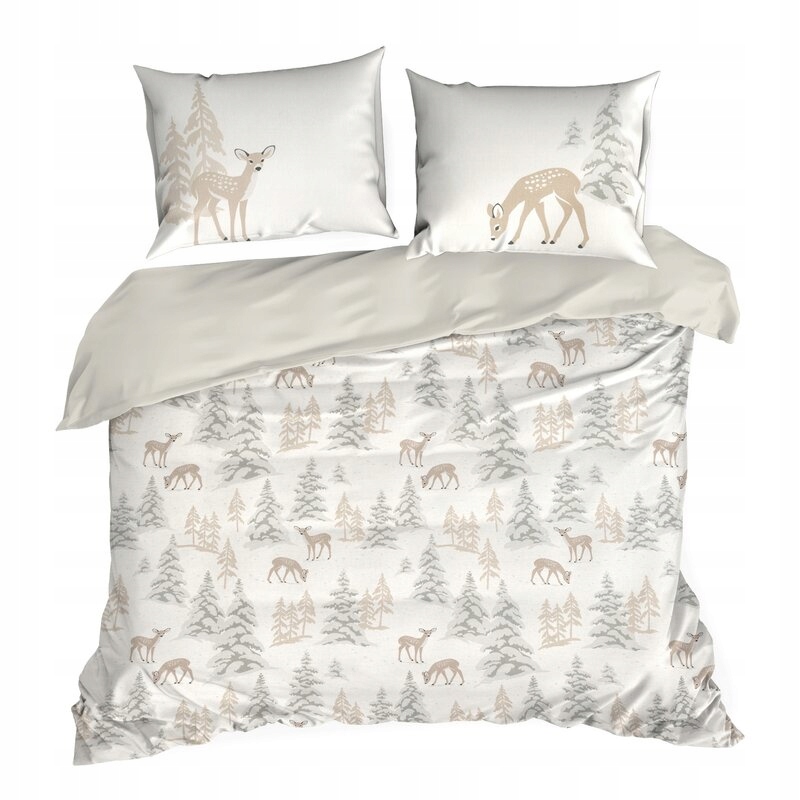 Povlečení Fawn 160x200, bílá béžová, zvířátka, vánoční stromky, bavlněné