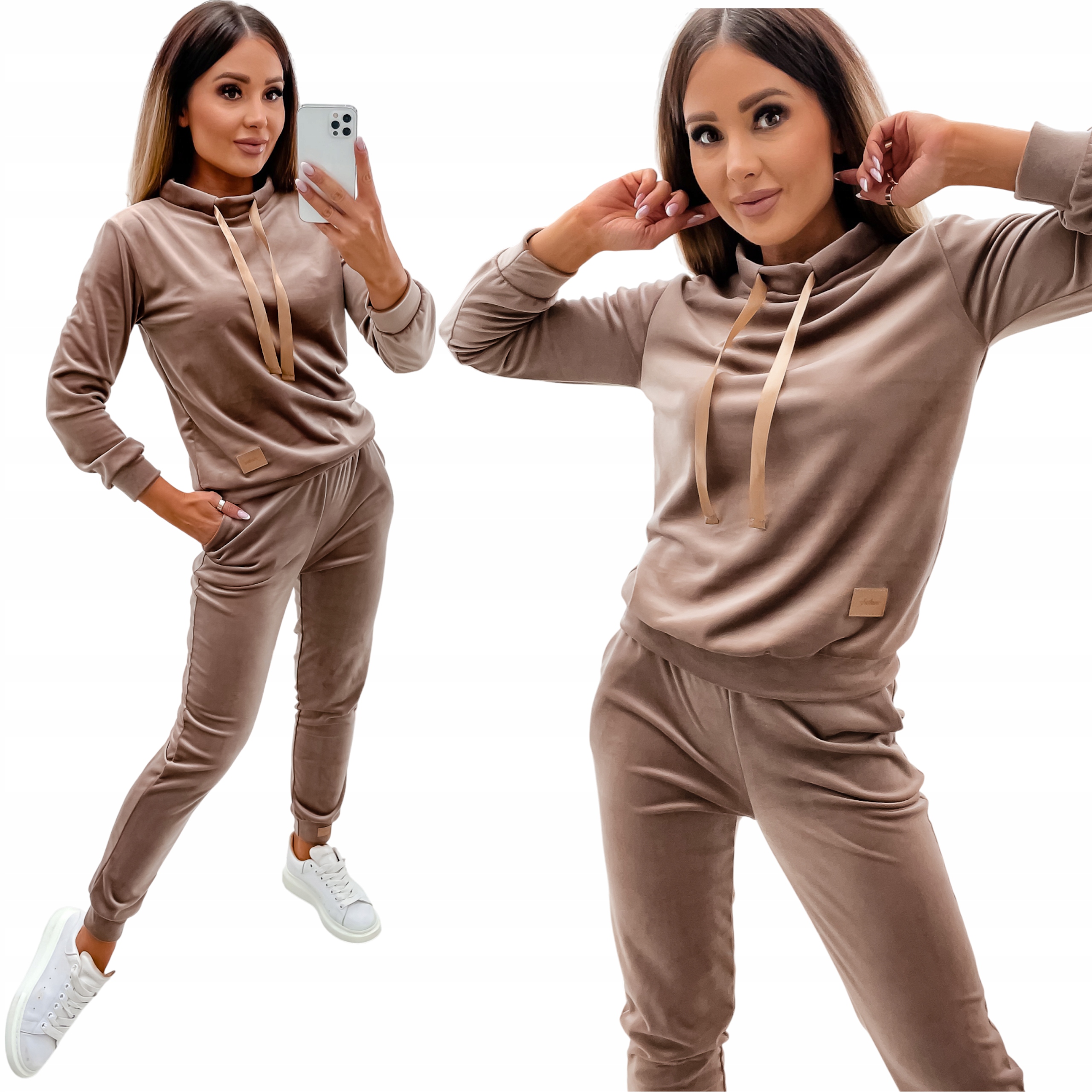 Dres Welurowy Damski Komplet Bluza Spodnie Velvet Premium Cappuccino L
