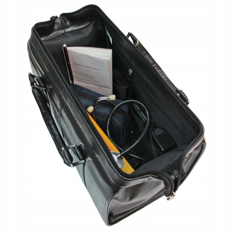 Kuferek lekarski skóra naturalna CZARNY, bardzo pojemny, produkt polski Kolor okuć srebrny