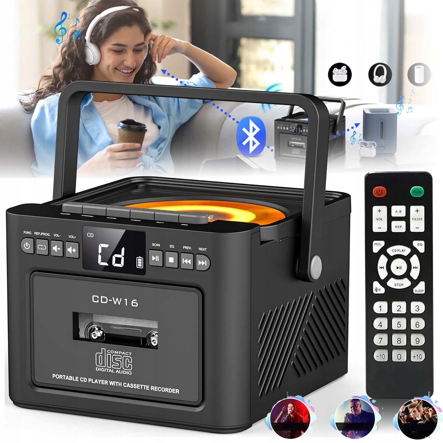 CD Přehrávač Přenosná Bluetooth Kazeta Fm Rádio Discman MP3 Aux Reproduktory