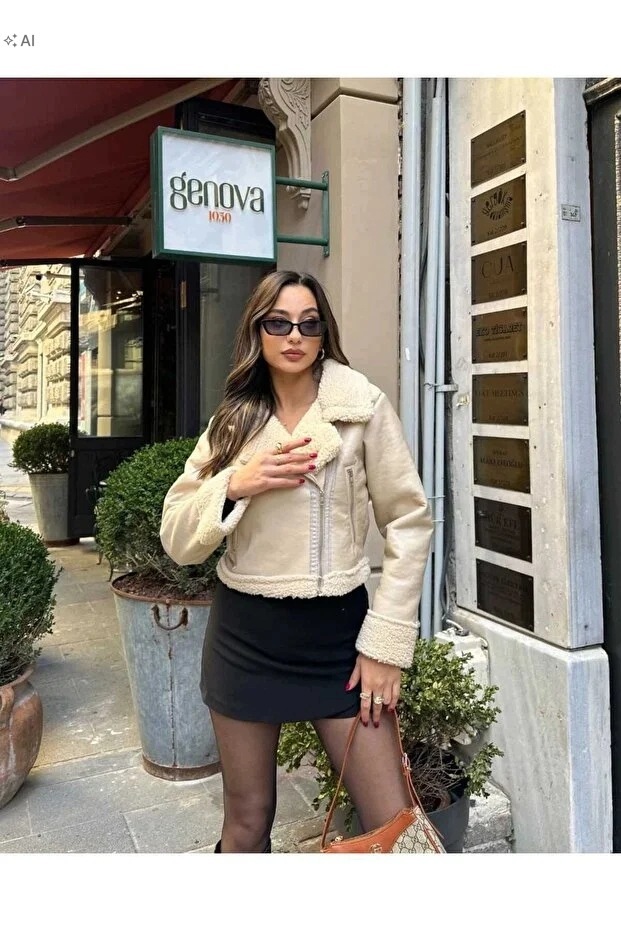 Krátká Semišová Dámská Bunda Béžová Elegantní S 5IA
