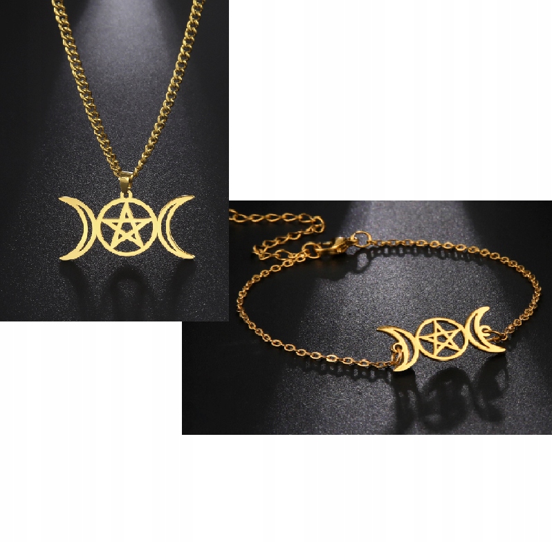 Komplet Náhrdelník Trojitý náramek Bohyně Pentagram Wicca Amulet Lunula