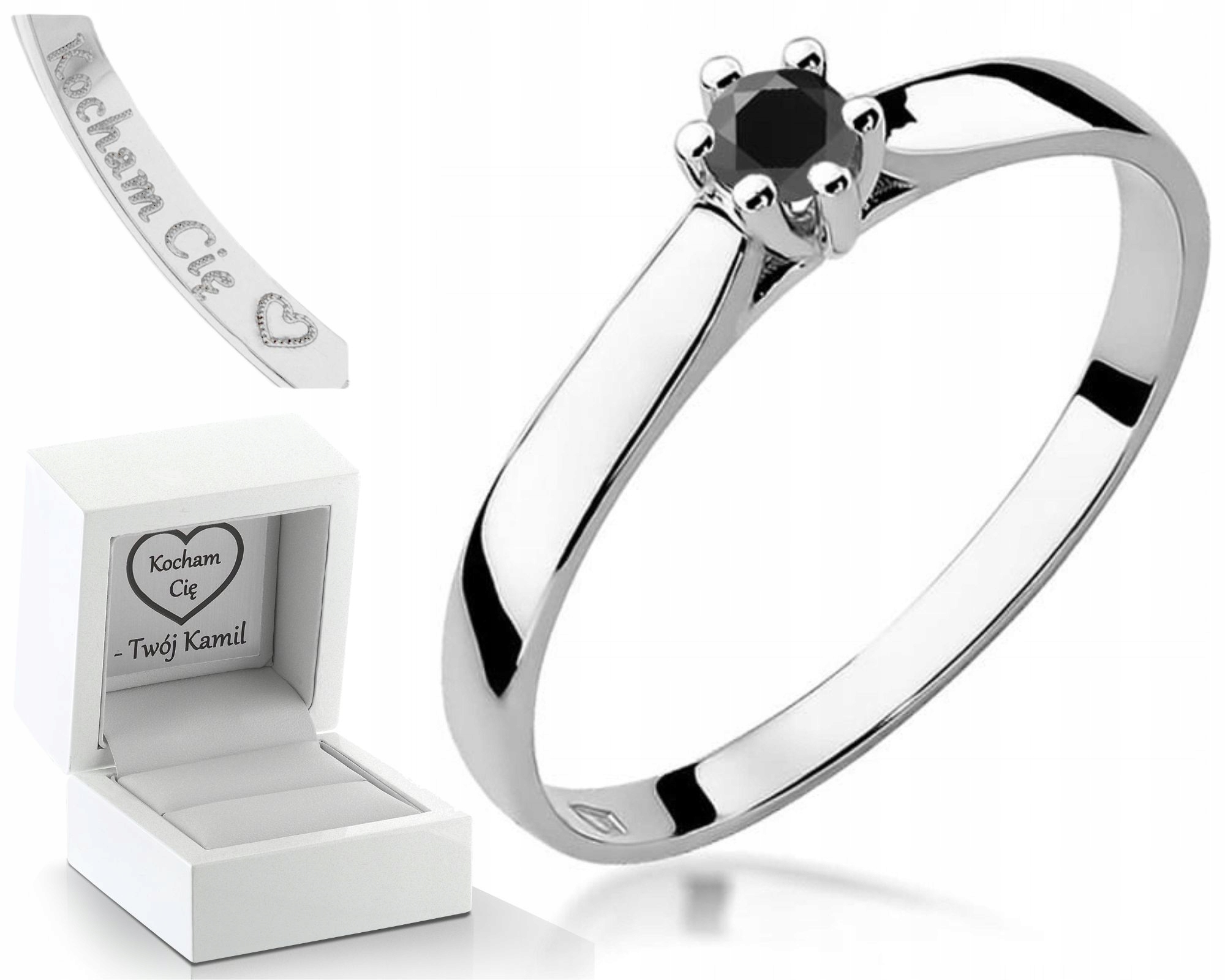 Bílé Zlato Prstýnek Černý Briliant Gravírování 585 Dárek