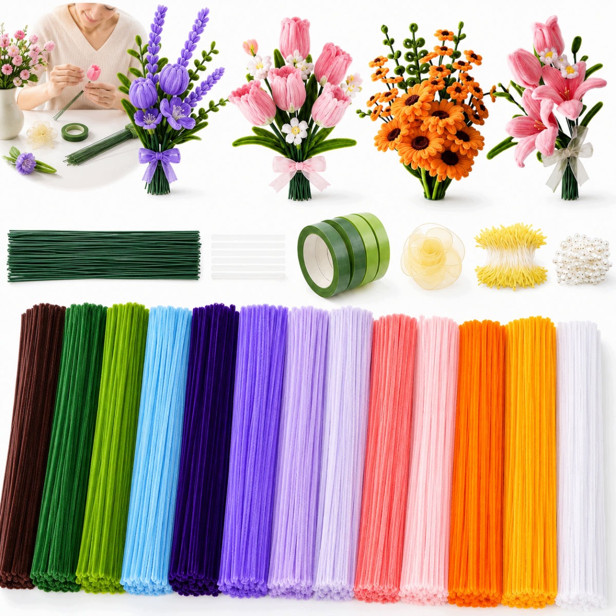 Ozdobné Drátky Kreativní Floristické Nadýchané Barevné Vytěráky 800 Ks