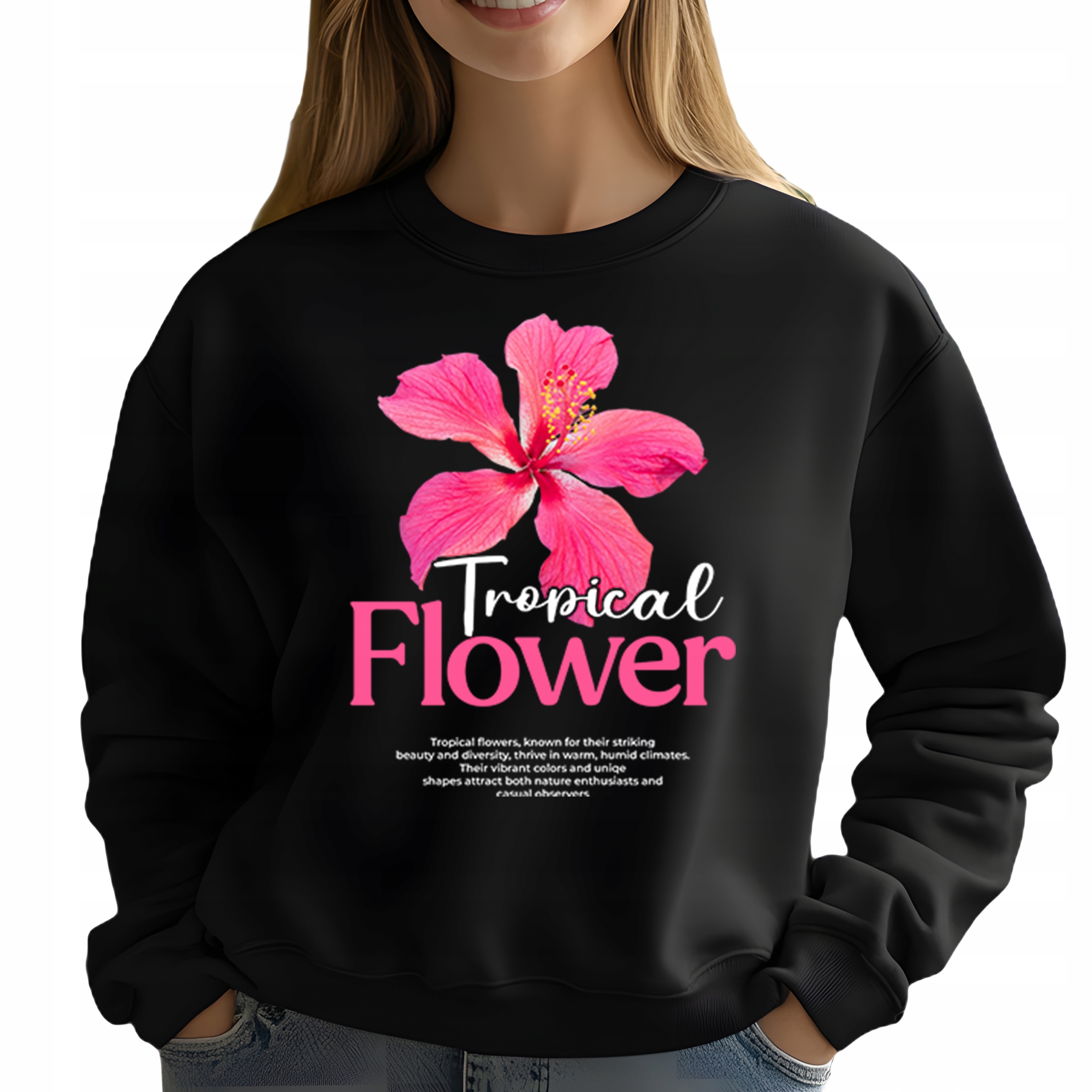 Mikina Bez Kapuce Černá Bavlněná Elegantní Tropical Flower M