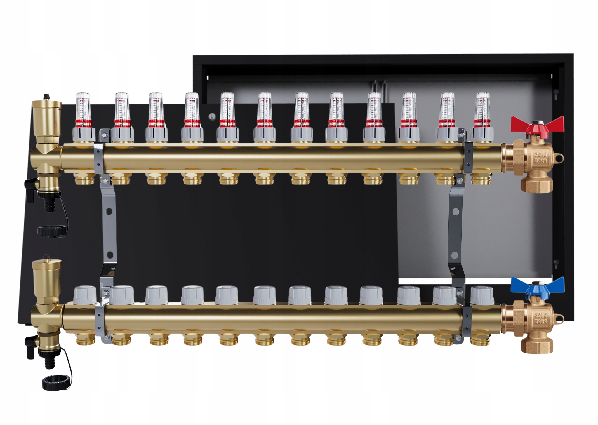 Rozdělovač mosazný podlahový 12 okruhů nástěnná skříňka černá ventily
