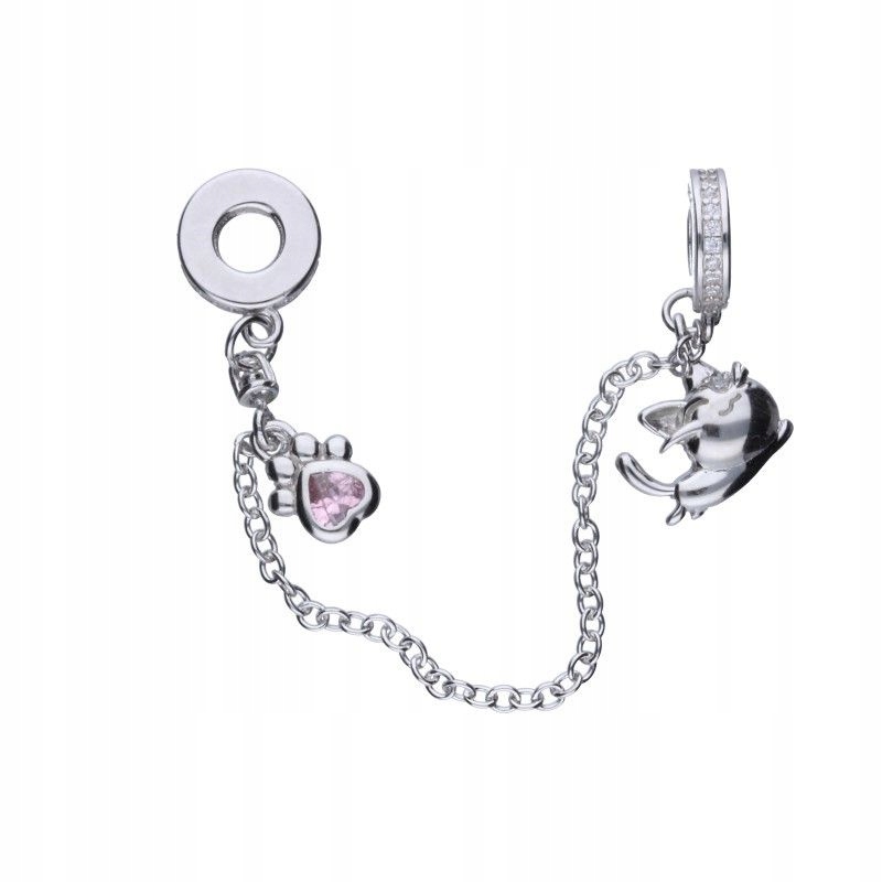 Přívěsek safety chain bead 925 přívěsek s motivem kočičky a růžovou tlapkou
