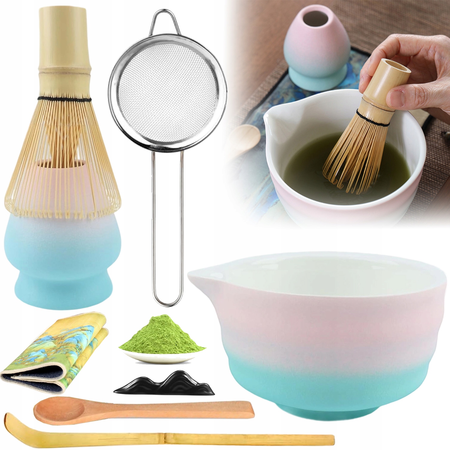 Levně Bambusová Dárková Sada Na Čaj Matchy Chashaku Šlehací Metla Růžová