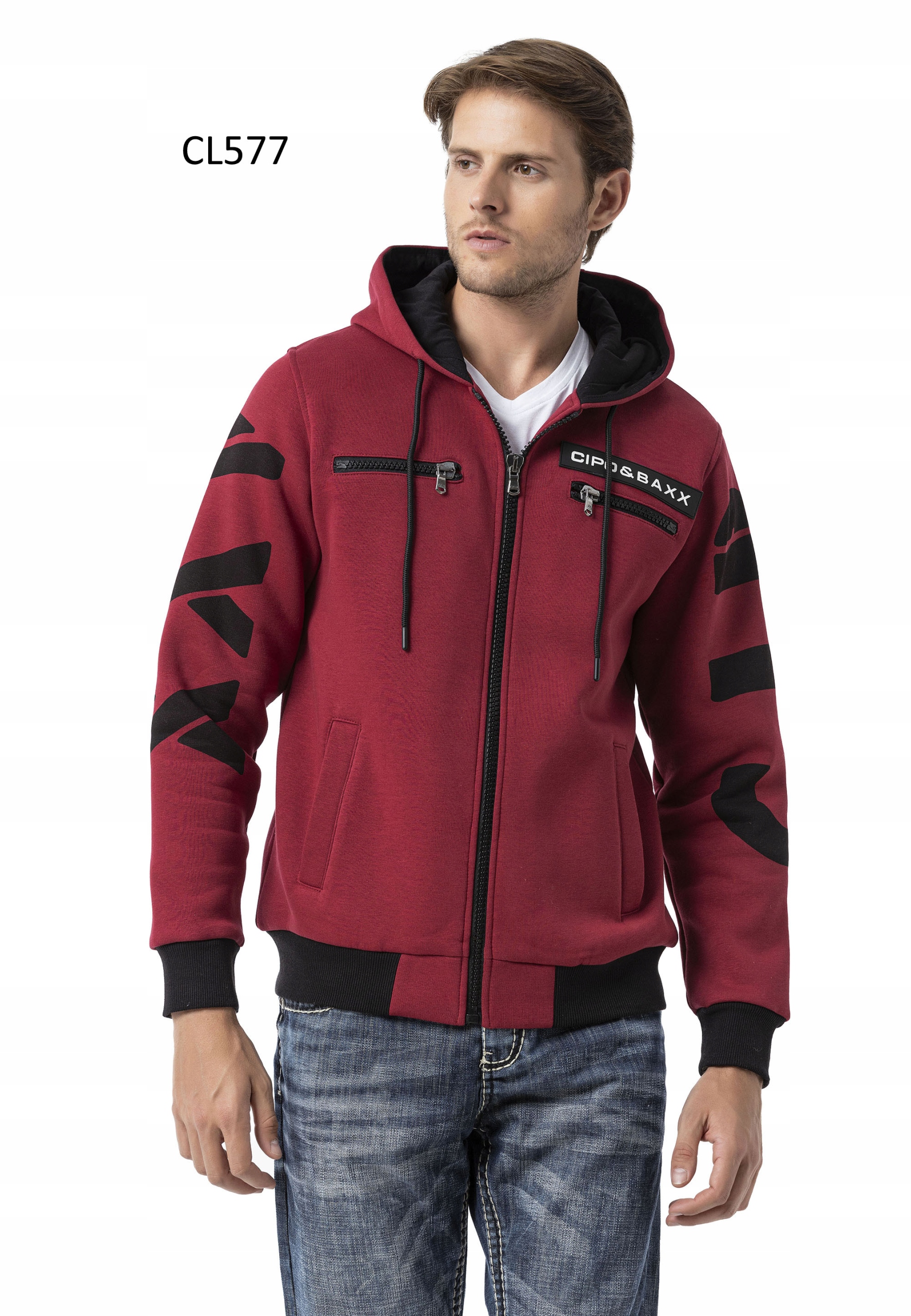 Pánská Mikina Bordó Cipo Baxx S Kapucí Rozepínací Nápisy Zateplená XL