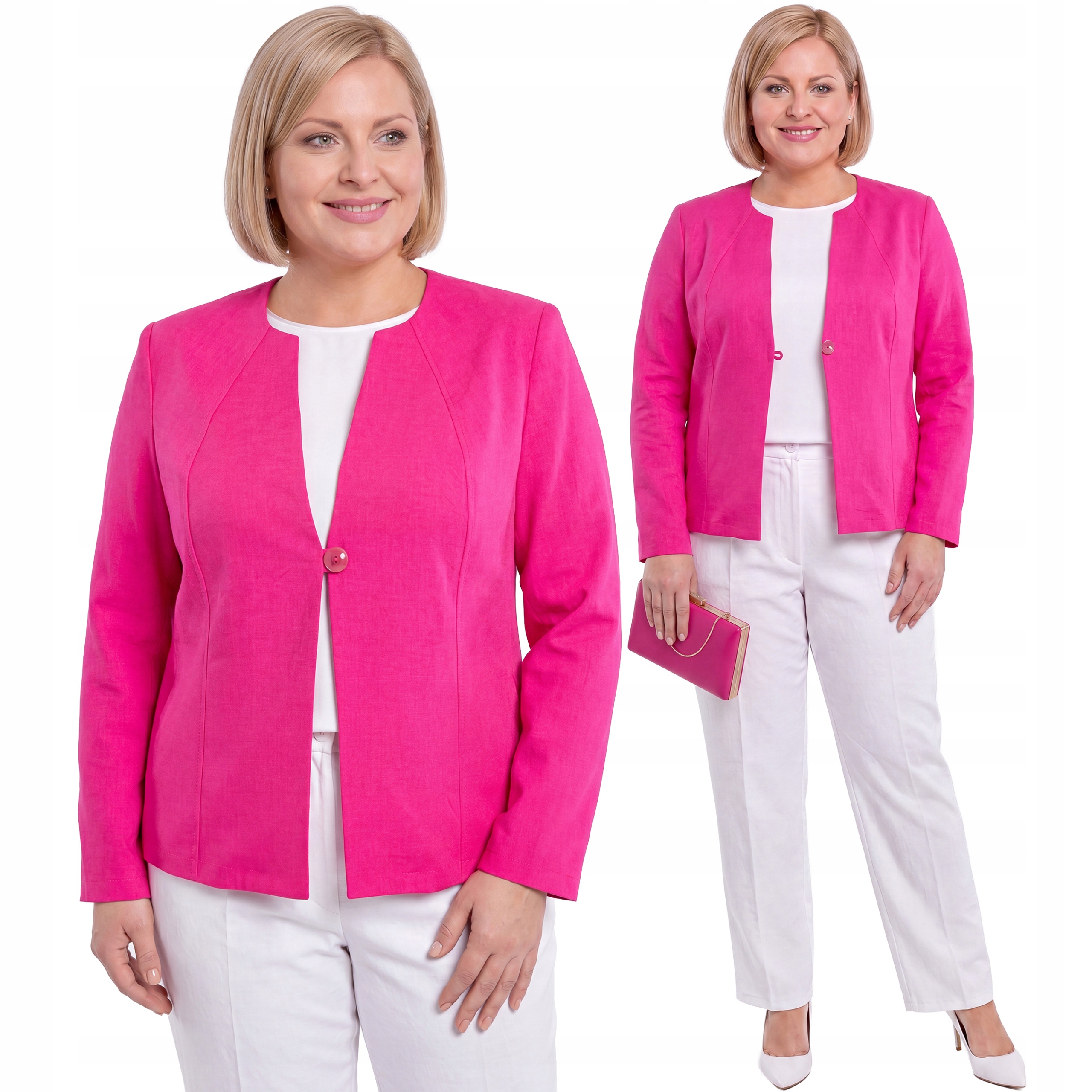 Lněné růžové sako s kapsami plus size velikost 54