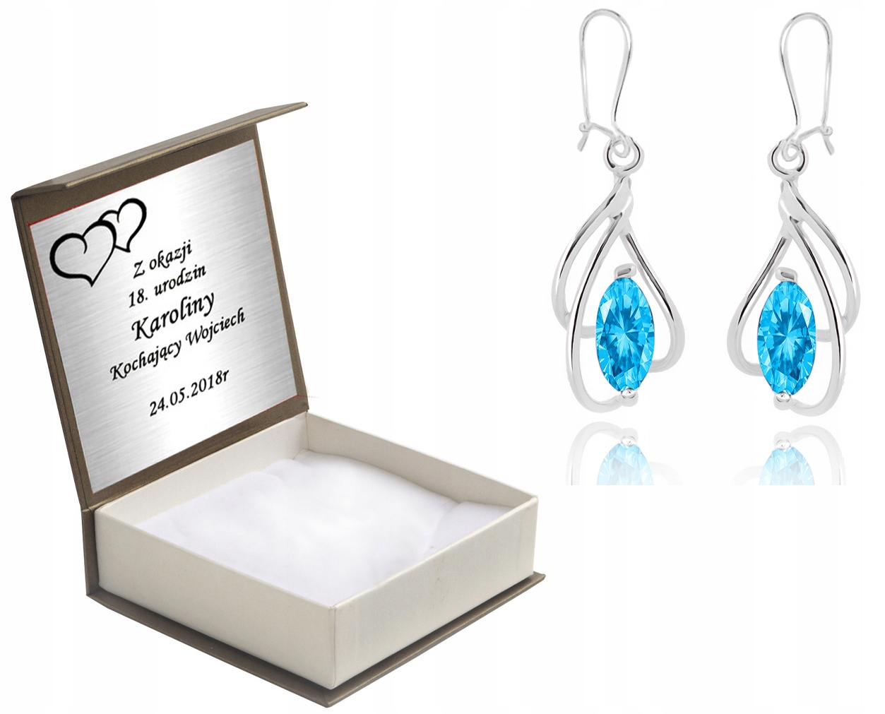

Kolczyki Wiszące Z Niebieskimi Cyrkoniami + Grawer