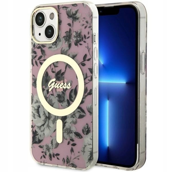 Pouzdro Pro Iphone 14 15 Guess Flower Magsafe Růžové Hardcase