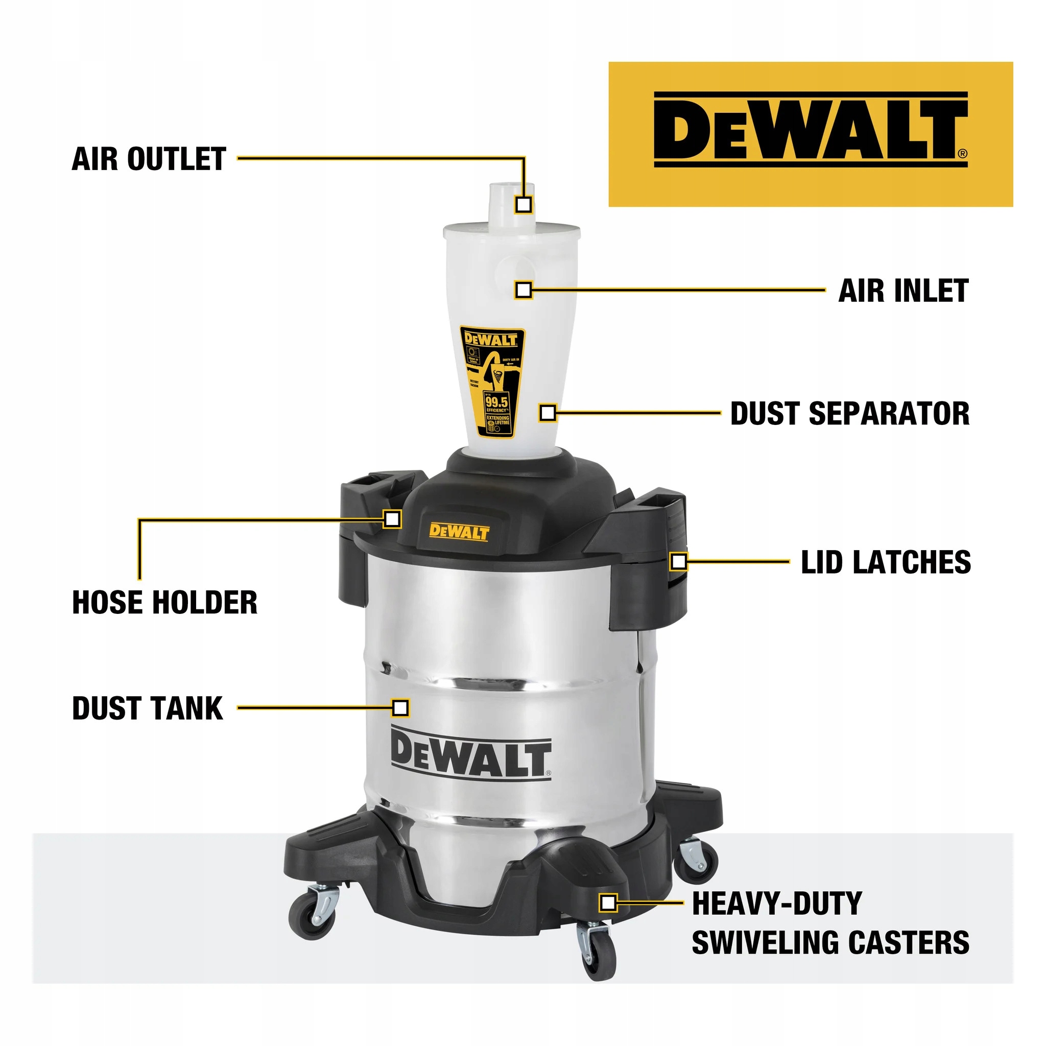 SEPARATOR PYŁU CYKLONOWY WSTĘPNY DeWALT DXVCS003 38L INOX Zasięg pracy 6 m