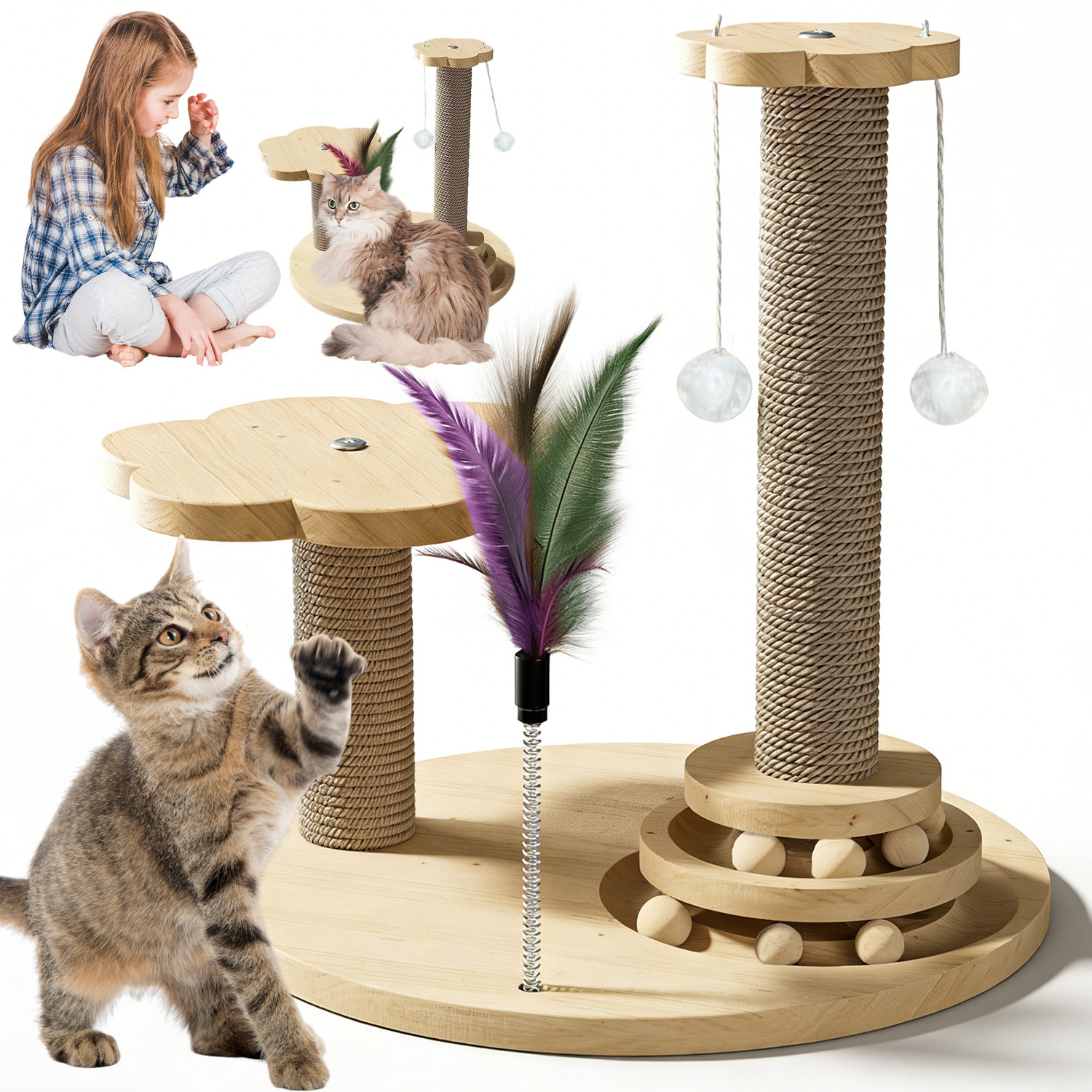 Levně Škrabadlo S Hračkami Interaktivní Dřevěná Hračka Pro Kočky Ve Tvaru Koleček
