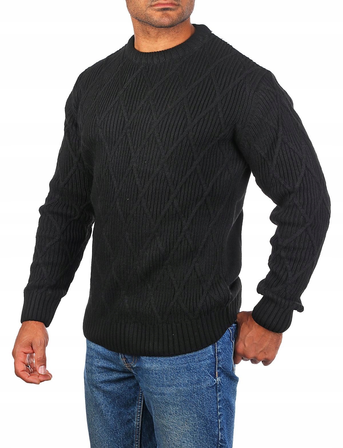 Pánský svetr elegantní silný teplý kosočtverce černý XXL