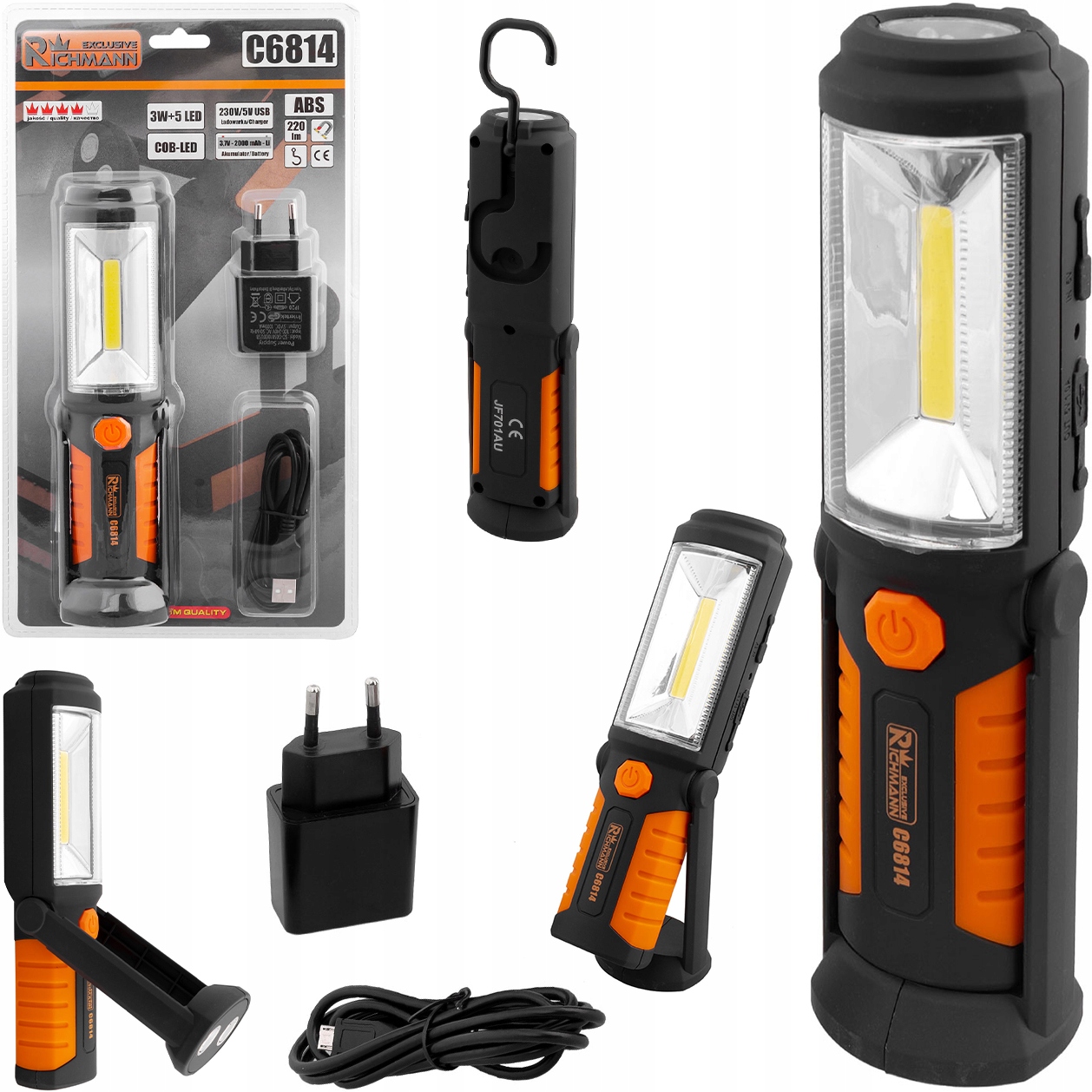 LATARKA LAMPA WARSZTATOWA UCHYLNA MAGNETYCZNA HACZYKIEM LED USB 3W+5 220LM