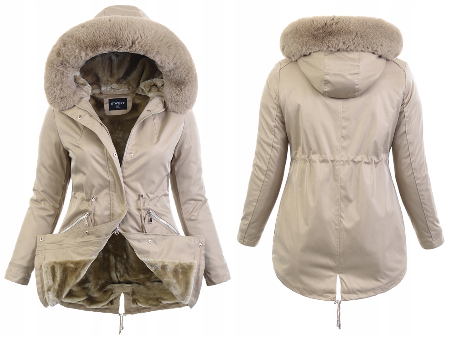 7364 Damska Parka Kurtka Zimowa Beżowa 3XL