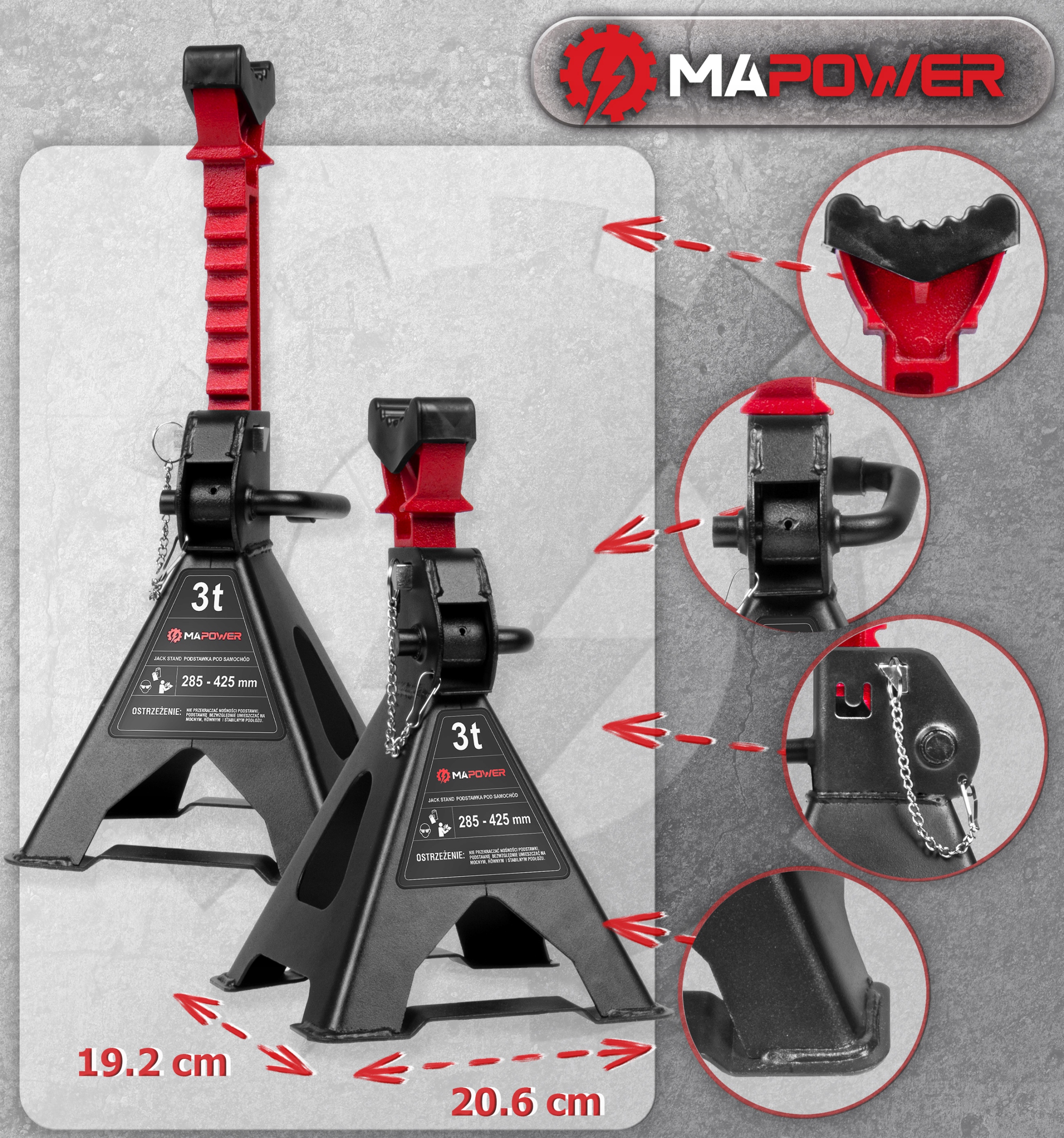 KOBYŁKI SAMOCHODOWE PODPORY WARSZTATOWE Z GUMĄ BLOKADĄ [ 3T ] 4SZT MAPOWER Marka MAPOWER