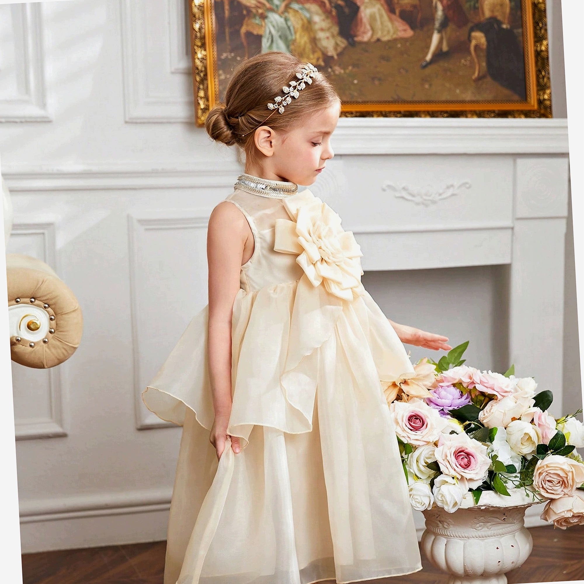 Sukienka Linia A Camel Z Kwiatem 3d Organza Dziecięca 116