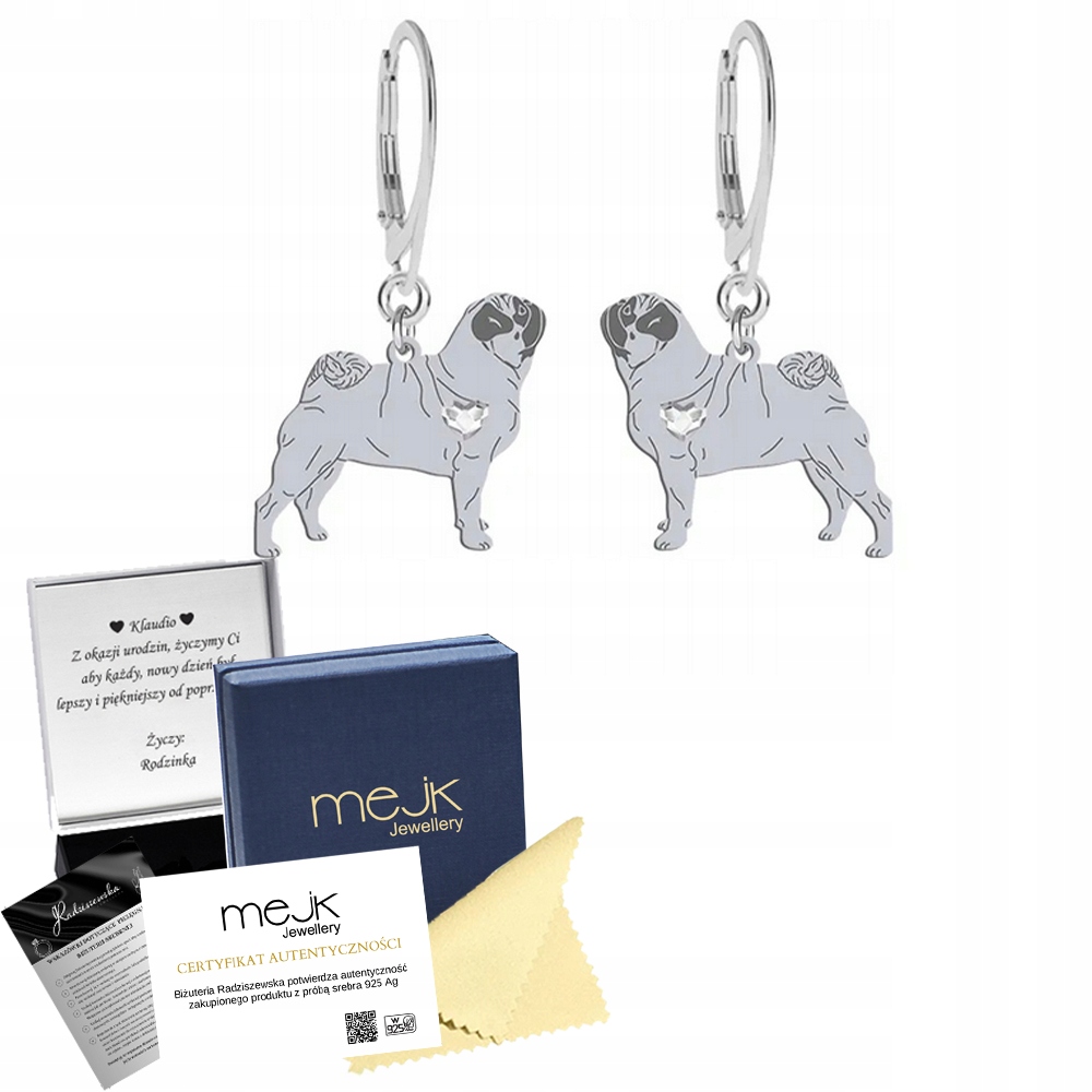Stříbrné Náušnice s mopsem 925 Šperky pro ženy k narozeninám Gravírování