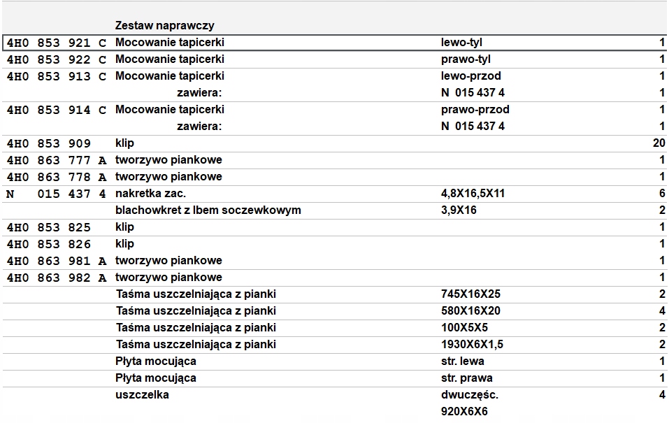 ZESTAW MOCUJĄCYCH CZĘŚCI DO PROGU AUDI A8 D4 ASO ORYGNIAL NOWY 4H0898855C Numer katalogowy części 4H0898855C.0