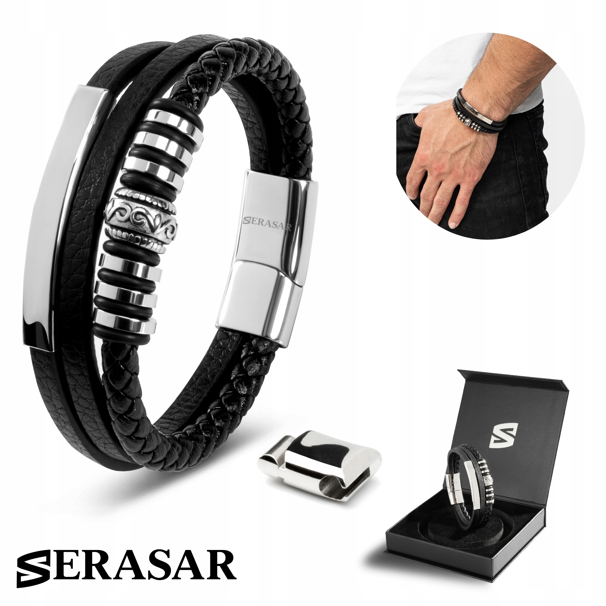 Serasar, Pánský kožený náramek [Shine] stříbrný, 23 cm