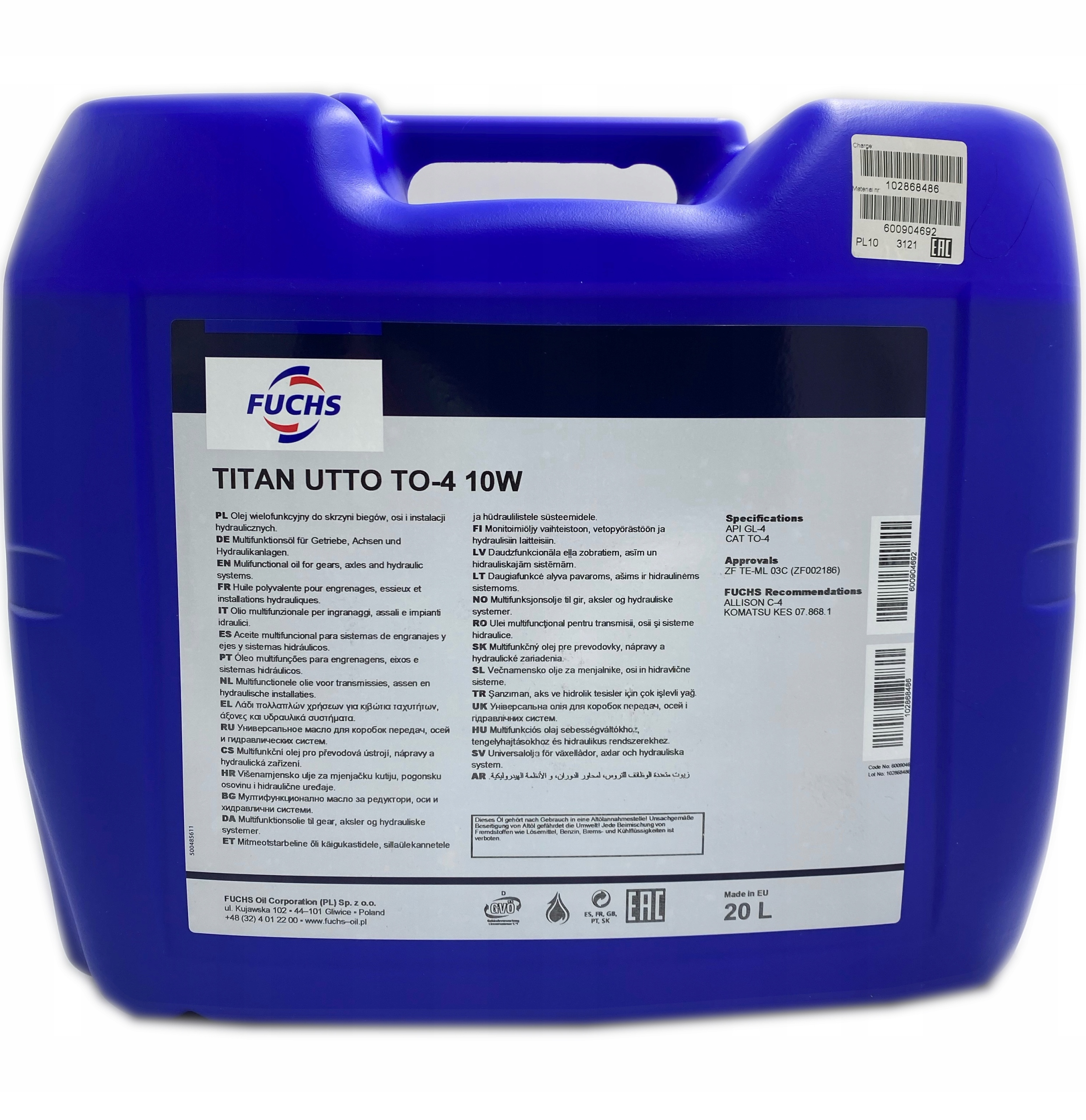 Olej PREKL-HYDR.GL4 Sae 10W 20L Fuchs