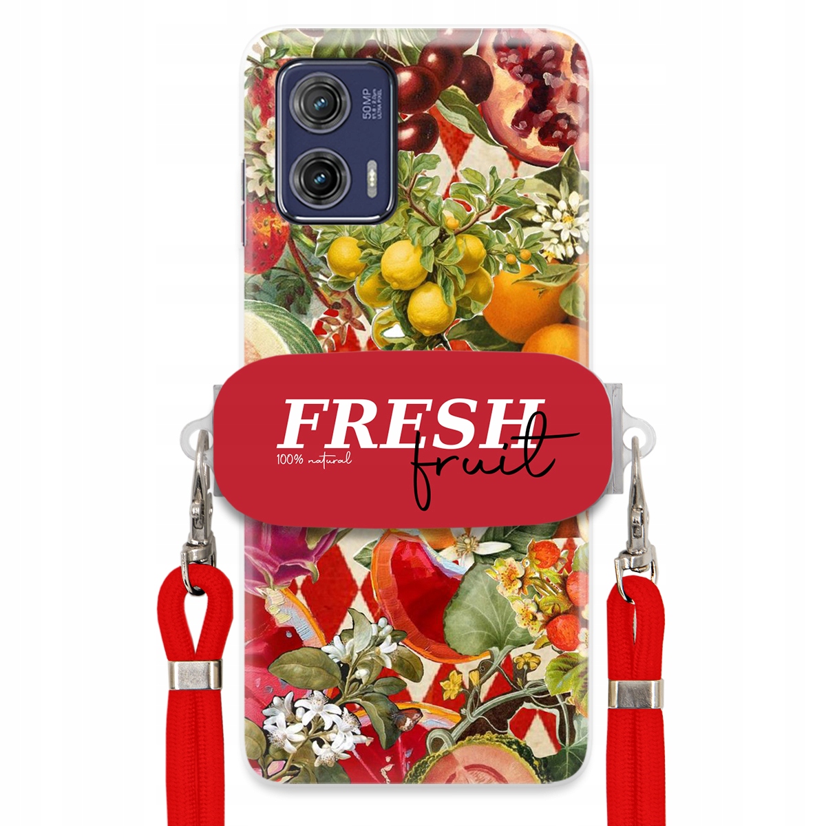 Puzdro pre Motorola G73 Červené Crossbody vodítko držiak Fresh Fruit Ovocné