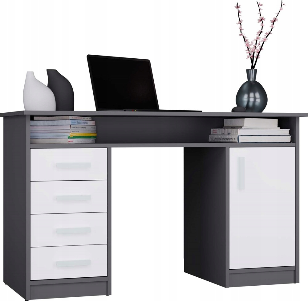Psací Stůl Ada Antracit Bílý 125 CM 4 Zásuvky 3 Police 1 Dveře Do Pokoje Kanceláře