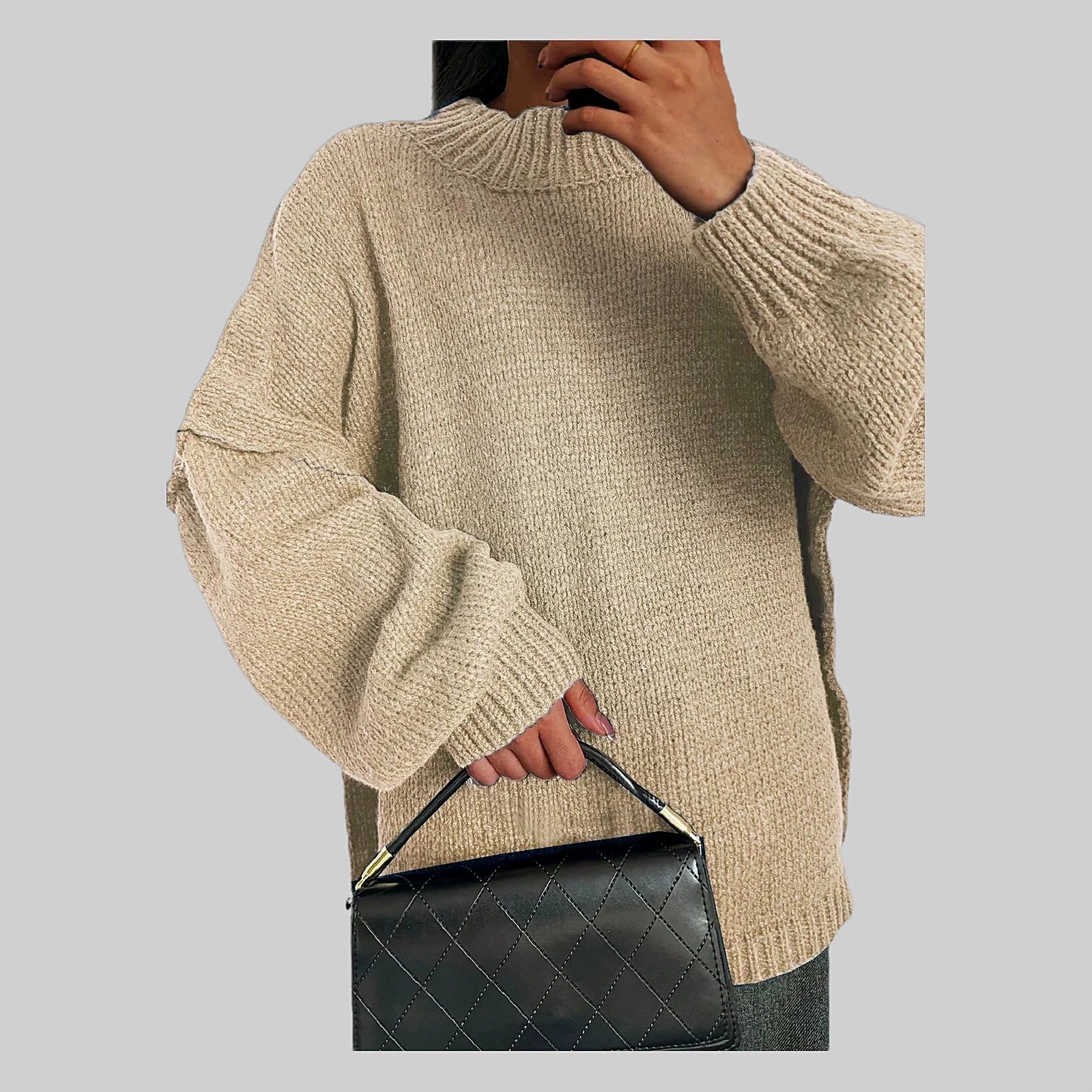 Dámský oversize svetr béžový se sníženými rameny na podzim 4XL 48