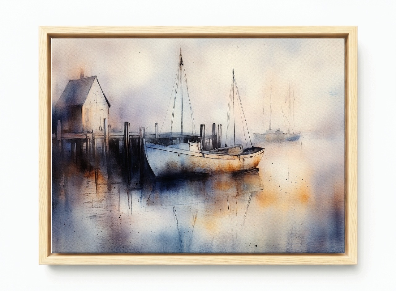 Obraz Rám Americký Box Krajina Voda Most Molo Přístav Lodě Mlha 60x40