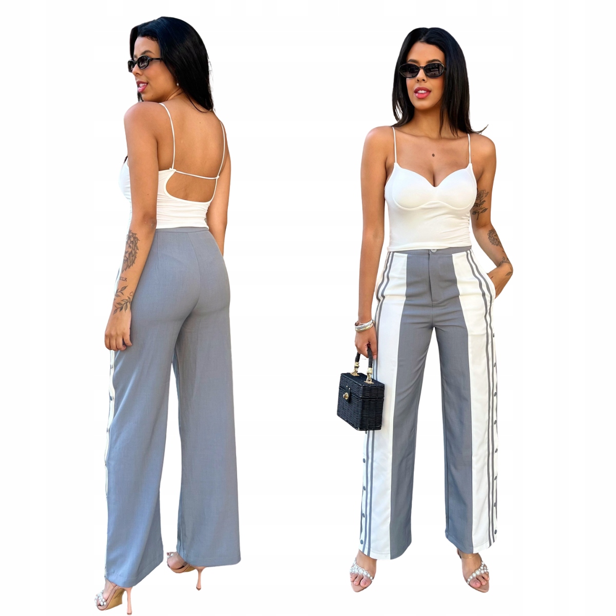 Kalhoty wide leg s náprsenkou a lampasy šedé Chelsea stylový střih velikost L