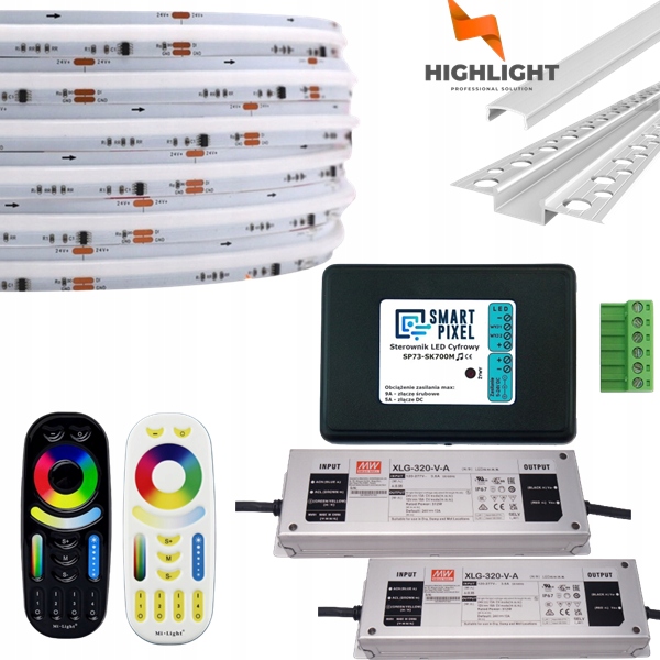 30m Sada Fasáda Led hadica Digitálna Cob Rgb+nw 16W 24V IP65+Strieborný profil